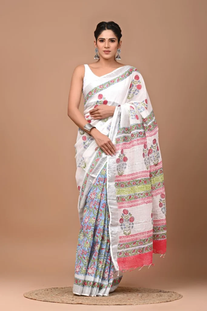 White Linen Saree for Holi by Poridheo