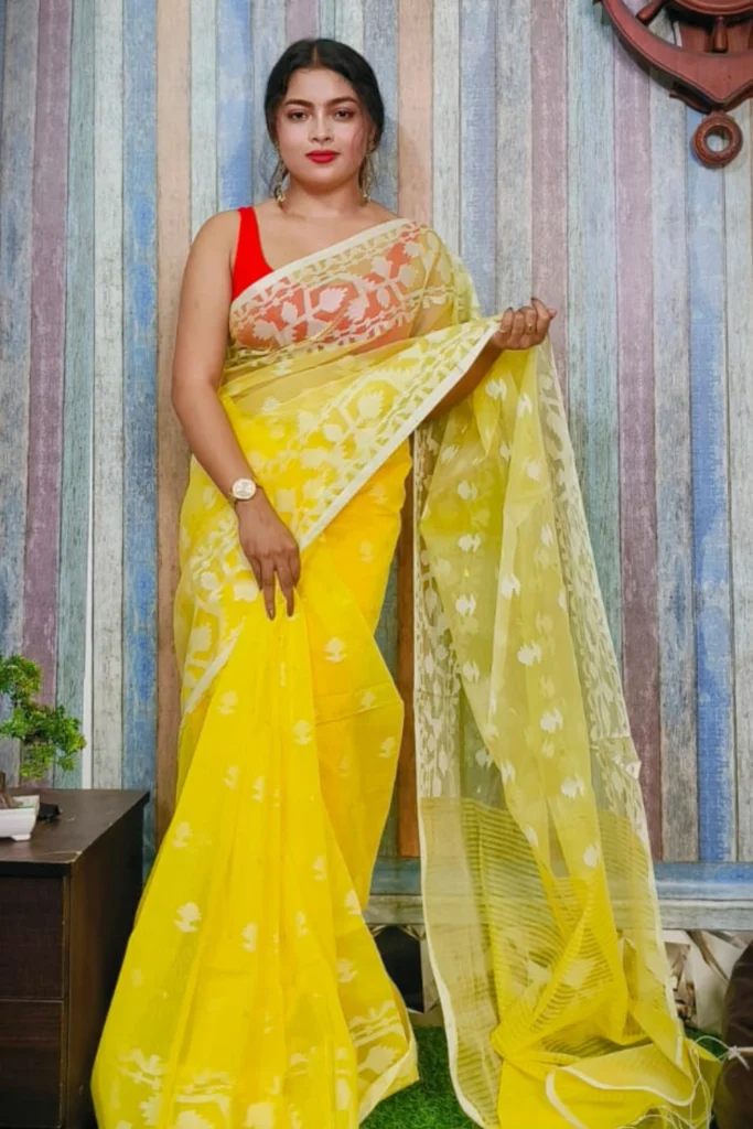 Yellow Jamdani saree by Poridheo