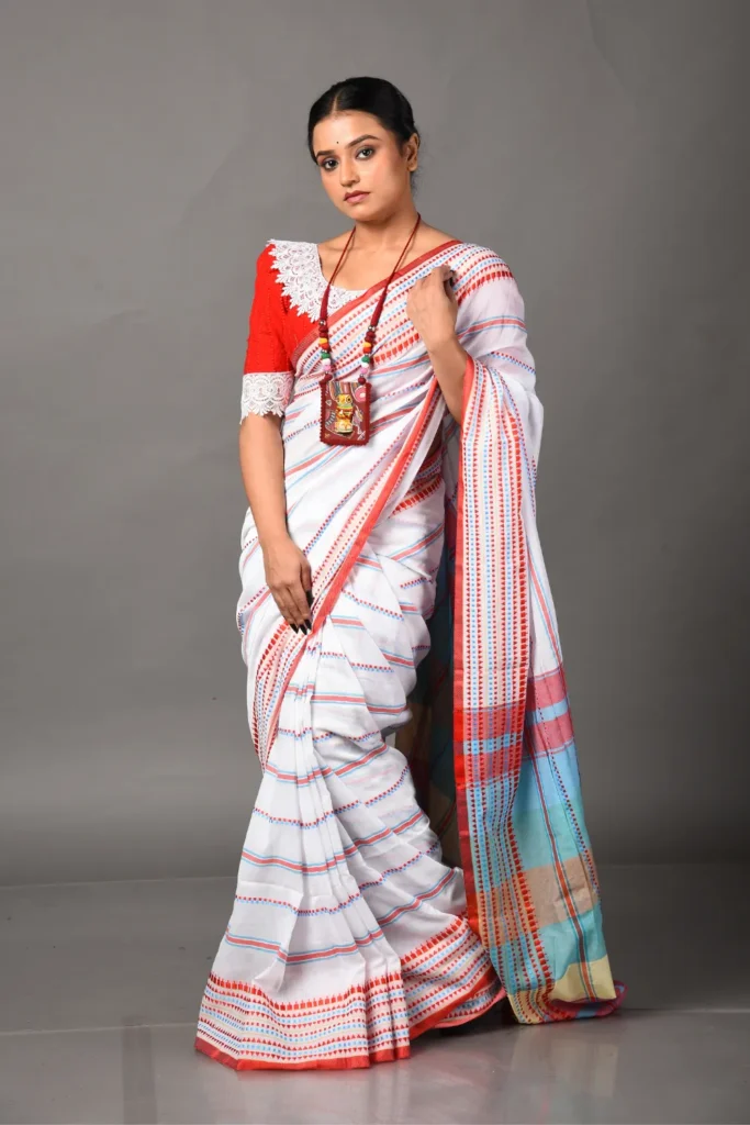 White Striped Design Khadi Cotton Saree by Poridheo