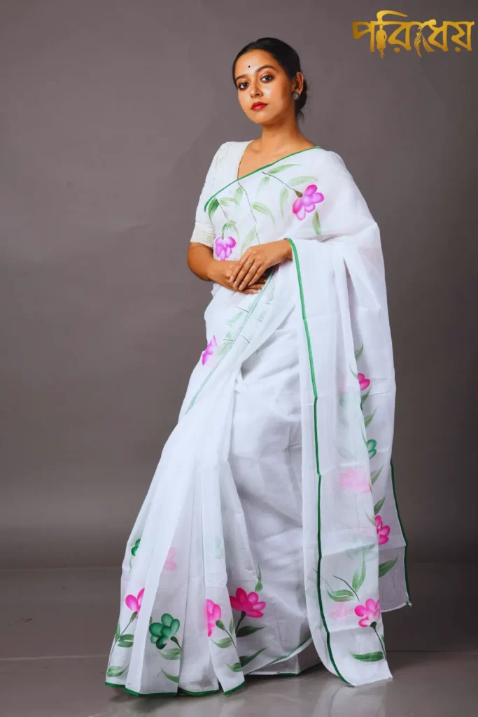 White Malmal Cotton Saree with Floral Print by poridheo