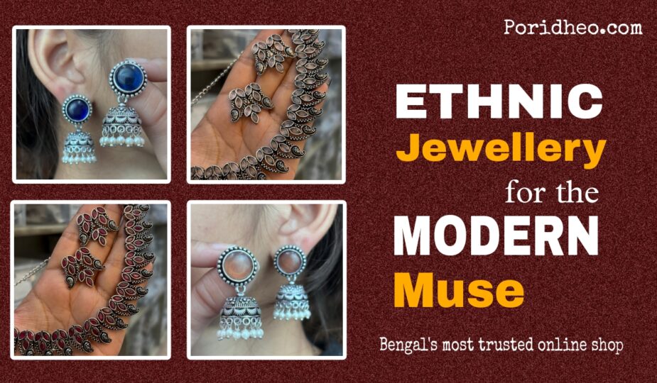 Two pairs of jhumkas and two oxidised necklace sets displayed elegantly, showcasing ethnic jewellery for versatile occasions.