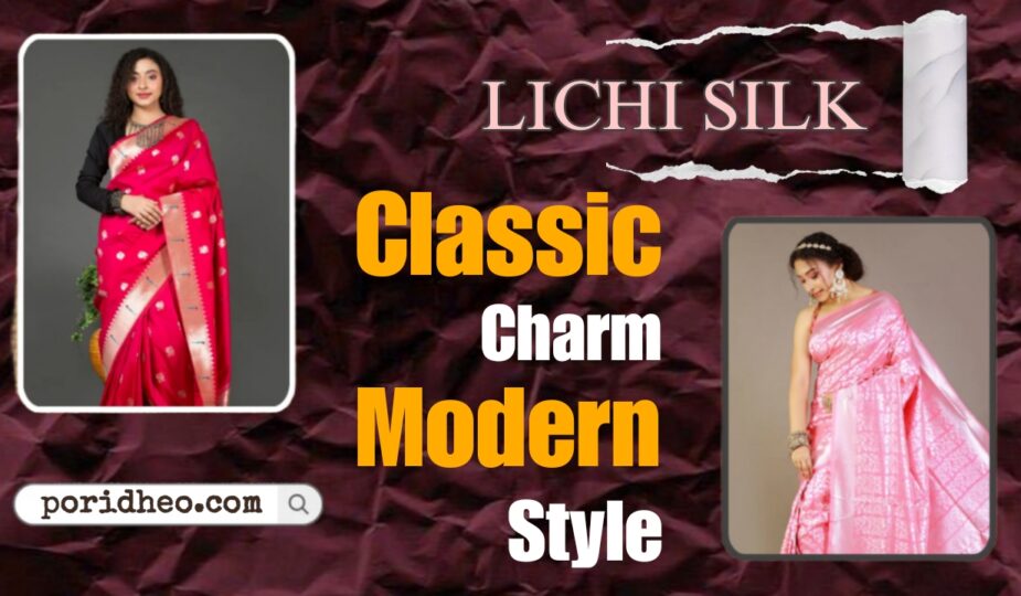 Two models elegantly showcasing Lichi Silk sarees, blending traditional charm with contemporary fashion.