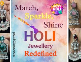 Four pairs of modern Indian earrings and jhumkas designed for Holi celebrations, featuring vibrant colours and intricate designs to complement festive sarees.