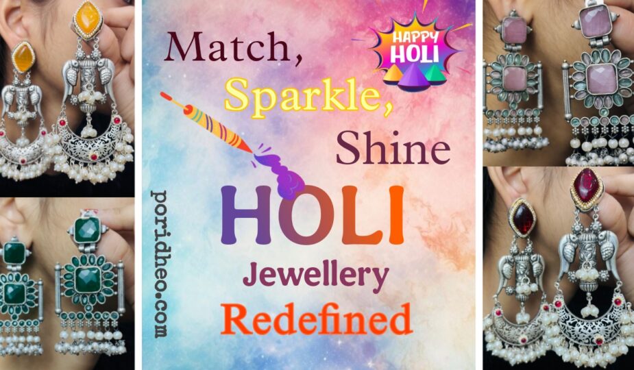 Four pairs of modern Indian earrings and jhumkas designed for Holi celebrations, featuring vibrant colours and intricate designs to complement festive sarees.