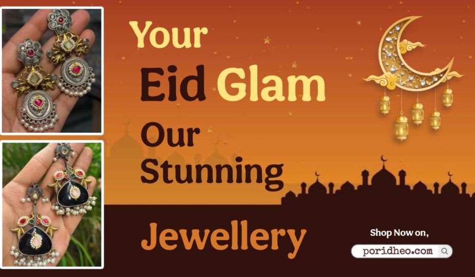 A pair of modern Indian earrings and jhumkas, showcasing intricate designs and elegant craftsmanship, perfect for Eid celebrations.