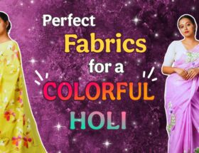 Two models wearing floral printed sarees—one in vibrant yellow and the other in elegant lavender—perfect for Holi celebrations.