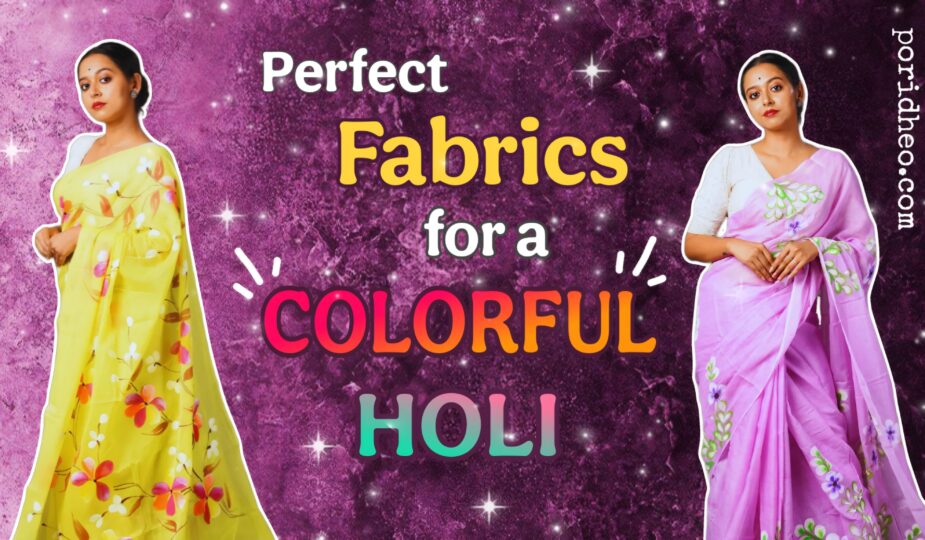 Two models wearing floral printed sarees—one in vibrant yellow and the other in elegant lavender—perfect for Holi celebrations.