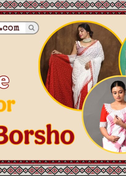 Three elegant models dressed in traditional Red and White Poila Baishakh outfits, beautifully draped sarees that capture the festive spirit of Nobo Borsho.