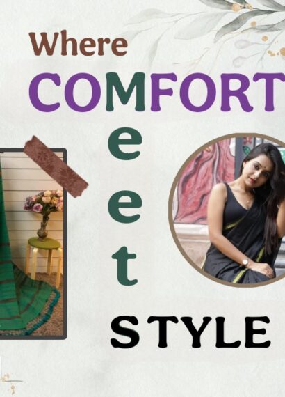 Two models showcasing stylish cotton sarees from Poridheo alongside two plain cotton sarees, highlighting comfort and elegance perfect for everyday wear.