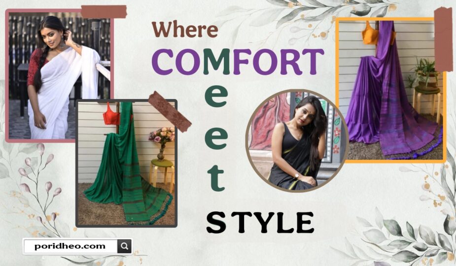 Two models showcasing stylish cotton sarees from Poridheo alongside two plain cotton sarees, highlighting comfort and elegance perfect for everyday wear.