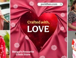 Four models draped in vibrant handloom sarees, standing around a central love symbol, showcasing Poridheo’s Best Handloom Sarees with the tagline “Crafted with Love”.