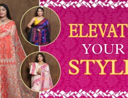 Three models wearing different styles of Bengali Jamdani Sarees, styled elegantly to reflect tradition and sophistication, with the tagline “Elevate Your Style”.