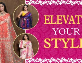 Three models wearing different styles of Bengali Jamdani Sarees, styled elegantly to reflect tradition and sophistication, with the tagline “Elevate Your Style”.