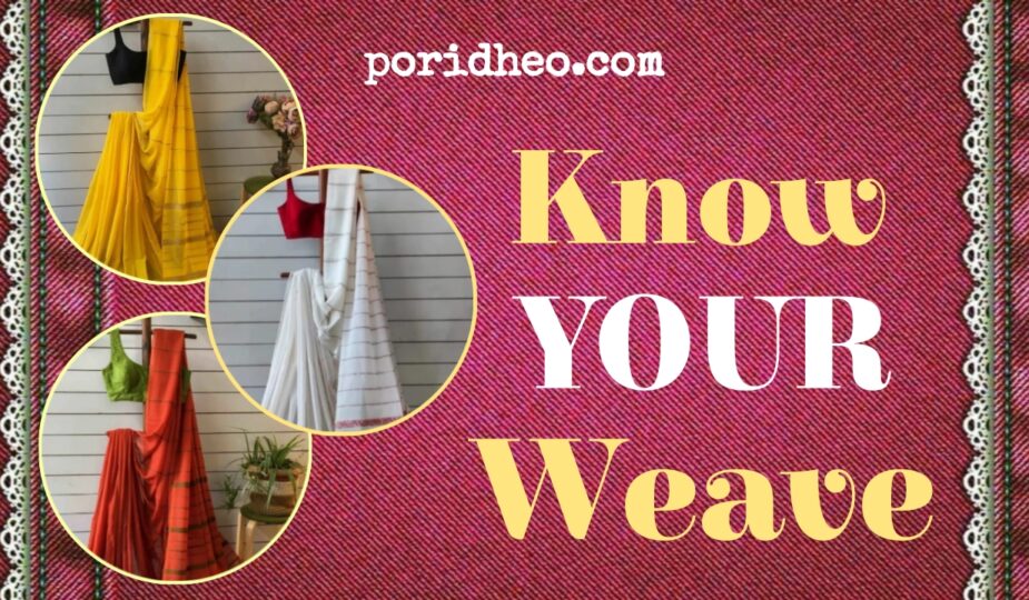 Three beautifully displayed Authentic Handloom Sarees in distinct weaves and colors, showcasing traditional Indian craftsmanship.
