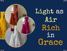 A collection of four Poridheo Mulmul sarees, each showcasing delicate fabric and traditional Bengali craftsmanship, under the tagline "Light as Air, Rich in Grace".