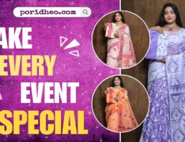 Three models wearing elegant Jamdani sarees from Poridheo, styled for special occasions.