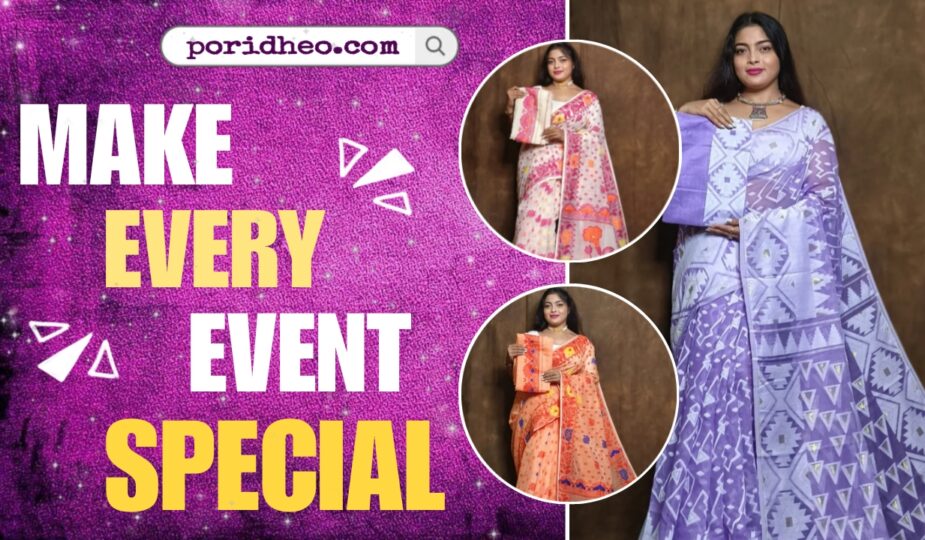Three models wearing elegant Jamdani sarees from Poridheo, styled for special occasions.