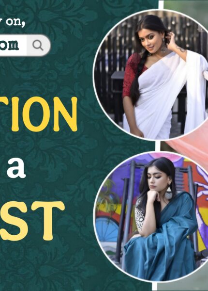 Three models wearing Poridheo’s Mulmul saree styled with a modern twist.