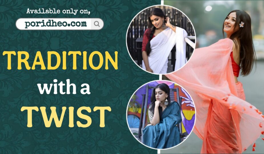 Three models wearing Poridheo’s Mulmul saree styled with a modern twist.
