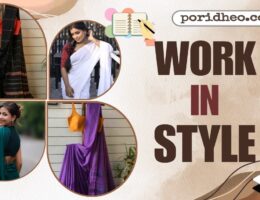 Four models wearing different styles of cotton sarees from Poridheo, perfect for working women.