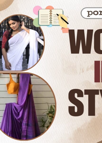Four models wearing different styles of cotton sarees from Poridheo, perfect for working women.