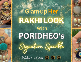 Four pairs of modern Indian earrings and jhumkas displayed elegantly as Raksha Bandhan jewellery gifts.
