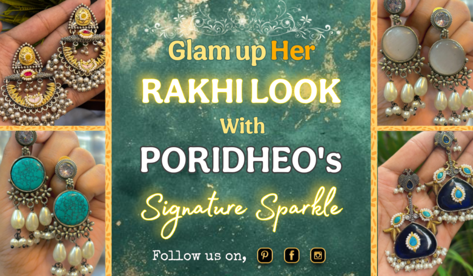 Four pairs of modern Indian earrings and jhumkas displayed elegantly as Raksha Bandhan jewellery gifts.