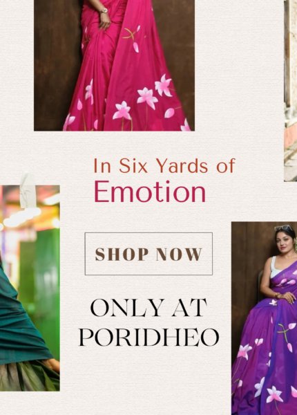 Six elegant women draped in vibrant sarees from Poridheo’s Raksha Bandhan saree collection, each showcasing a unique colour and style.