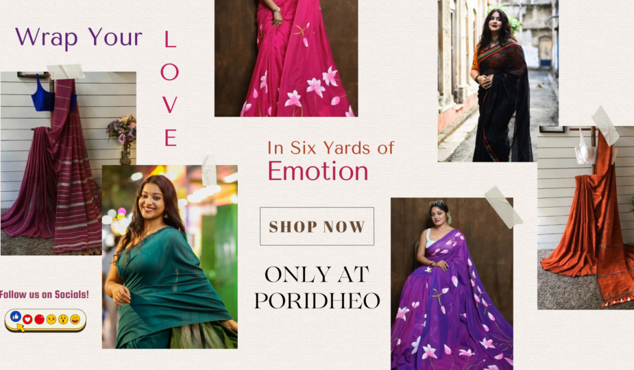Six elegant women draped in vibrant sarees from Poridheo’s Raksha Bandhan saree collection, each showcasing a unique colour and style.